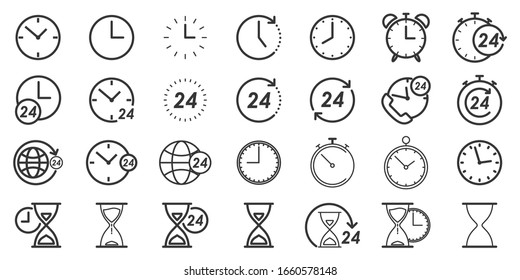 Set of Time and Clock icons in thin line style. Outline time icons isolated. Vector illustration. Linear Clock icons.