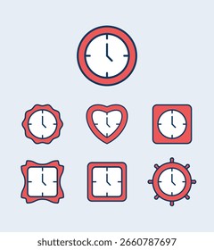 Conjunto de ícones de tempo e relógio em várias formas ilustração plana arte vetorial