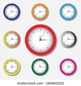 Set of time clock. Illustration of clock in various background colors. Vector eps10 format