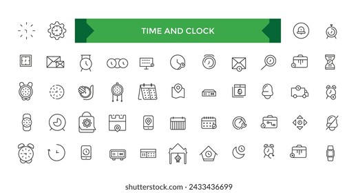 Set of Time and Clock Line Icons. UI icon set. Time, date, and location line icon set with editable stroke. Vector illustration.