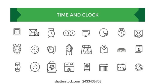 Set of Time and Clock Line Icons. UI icon set. Time, date, and location line icon set with editable stroke. Vector illustration.