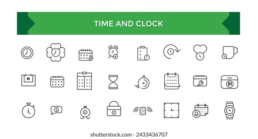 Set of Time and Clock Line Icons. UI icon set. Time, date, and location line icon set with editable stroke. Vector illustration.