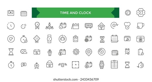 Set of Time and Clock Line Icons. UI icon set. Time, date, and location line icon set with editable stroke. Vector illustration.