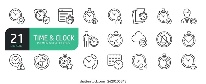 Set Of Time and Clock Line Icons. Contains such icons as 24 Hours, Alarm, Calendar, Countdown, Stopwatch, Management, Deadline, Efficiency, Hourglass.