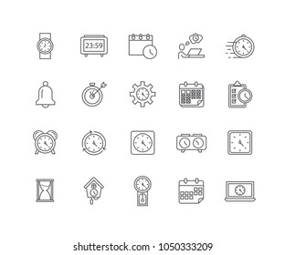 Set of Time and Clock outline icons isolated on white background.