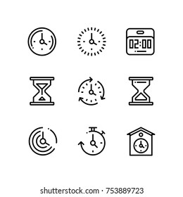 Set of time, clock, watch, timer vector simple outline icons for web and mobile design pack 