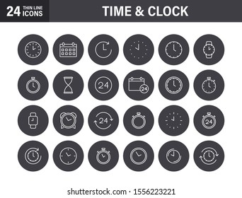 Set of Time and clock web icons in line style. Timer, Speed, Alarm, Calendar. Vector illustration.