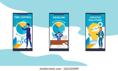 Set Time Control, Deadline, Creative Solution. On Screens Smartphones Inscriptions. Proper Pre-planning Prevents Poor Performance at Work. Man at Work in Office. Vector Illustration.