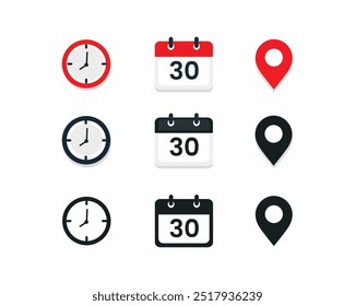 Set of time, date and address icon set. Clock, calendar, location pin. Vector illustration.