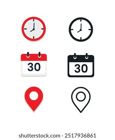 Conjunto de ícone de hora, data e endereço. Relógio, calendário, pino de localização. Ilustração vetorial.