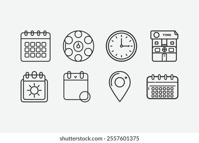 Set of Time, date, and address icon set. Calendar, clock, location. Editable stroke. Line art vector outline illustration. Vector illustration. six-line art time and address icon