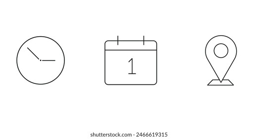 Symbole für Uhrzeit, Datum und Adresse. Vektorgrafik der schwarzen Linie.