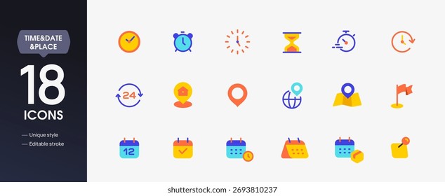 Set of time, date and location icons. Colorful signs with clock, alarm, timer, map with pin, calendar and schedule. Design elements for app. Flat vector illustration collection isolated on background