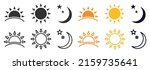 Set of time of the day icons. Rising and setting sun, crescent moon and stars, day and night time symbols.