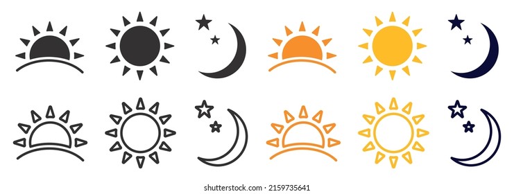 Set of time of the day icons. Rising and setting sun, crescent moon and stars, day and night time symbols.