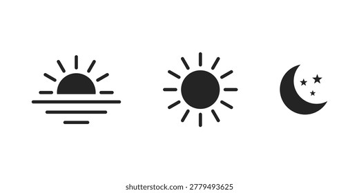 Set of time of day icons with sun, sunset and moon. Day and night icons set. Morning sunrise, noon sun, and night moon with stars symbols.