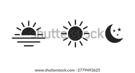Set of time of day icons with sun, sunset and moon. Day and night icons set. Morning sunrise, noon sun, and night moon with stars symbols.