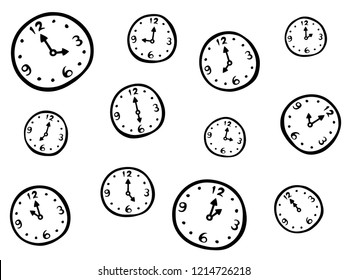 Set of time in drawing style. Cartoon clocks in doodle. Wallpaper seamless pattern background.