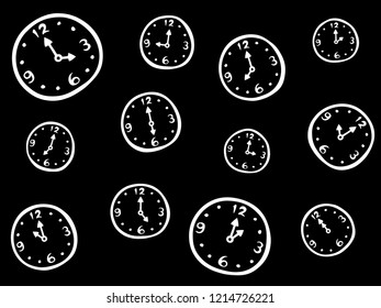 Set of time in drawing style. Cartoon clocks in doodle. Wallpaper seamless pattern background.