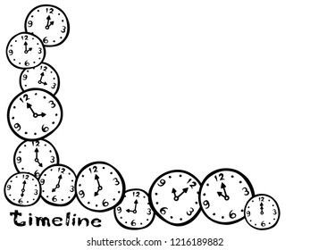 Set of time in drawing style. Cartoon clocks in doodle. Abstract wallpaper design ideas.