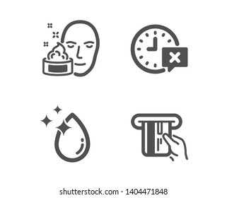 Set of Time, Face cream and Water drop icons. Credit card sign. Remove alarm, Gel, Crystal aqua. Atm payment.  Classic design time icon. Flat design. Vector