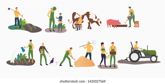 Set Of Time Farming Activities. People Gardening, Ranching Cattle, Harvesting. Farming Concept. Vector Illustration Can Be Used For Topics Like Agriculture, Horticulture, Cultivation