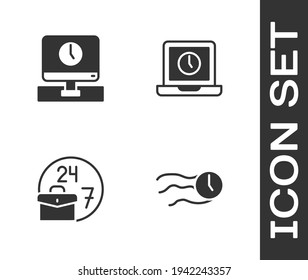 Set Time flies on the clock, Monitor time, Always busy and Laptop icon. Vector