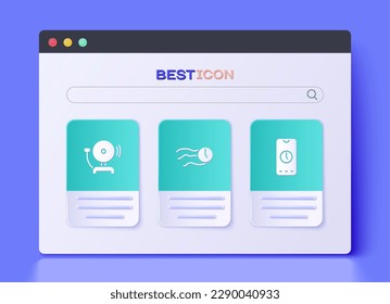 Set Time flies on the clock, Ringing alarm bell and Alarm app mobile icon. Vector