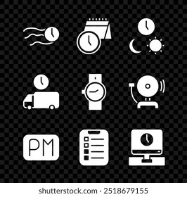 Ajuste o tempo voa no relógio, Calendário e, Dia à noite com o tempo, Para fazer lista ou planejamento, Monitor, Entrega e pulso assistir ícone. Vetor