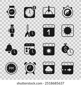 Set Time flies on the clock, is money, Sun, Sunset, Cleaning time, Wrist watch,  and Calendar icon. Vector