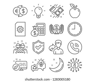 Set of Time, Gift and Payment icons. Laureate award, Light bulb and File management signs. Idea, Money exchange and Finance calculator symbols. Office clock, Present, Money. Vector