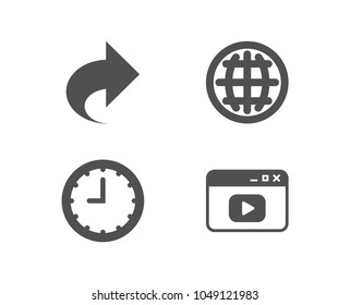 Set of Time, Globe and Share icons. Video content sign. Office clock, Internet world, Link. Browser window.  Quality design elements. Classic style. Vector