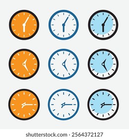 Set Time icon set. Clock with blue, orange and black color . Editable Linear outline illustration.