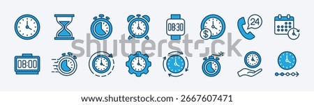 Set of time icon. Contains clock, timer, alarm, stopwatch, schedule, hourglass, watch, timeline, deadline, fast countdown, 24 hours, sandglass, timetable, speed management. Vector illustration