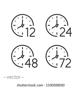 set of time icons, arrow hours 12, 24,48 and 72, delivery service time, work time clock, thin line web symbols on white background - editable stroke vector illustration eps 10