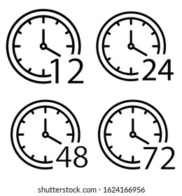 set of time icons, arrow hours 12, 24,48 and 72, delivery service time, work time clock, thin line web symbols