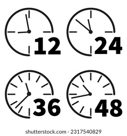 set of time icons, arrow hours 12, 24,48 and 72, delivery service time, work time clock. Vector illustration. stock image.