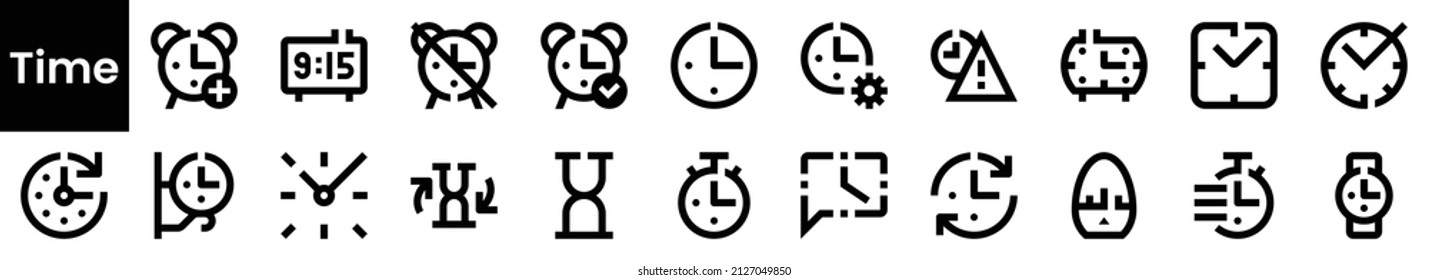 Zeitsymbole setzen. Schwarz-Flachsymbol-Sammlung einzeln auf weißem Hintergrund