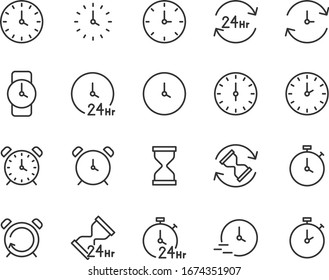 set of time icons, clock, 24 hr, timer, clock, stopwatch, calendar