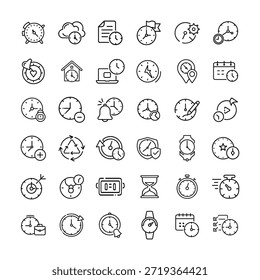 Conjunto de ícones de tempo com relógios, relógios, temporizadores, alarmes, óculos de sol, calendários, prazos, programação, velocidade, produtividade, fluxo de trabalho