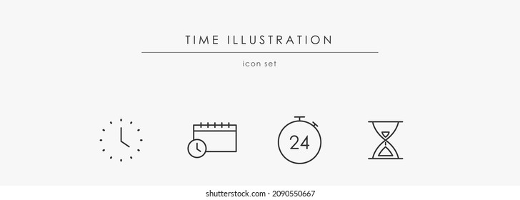 Conjunto de iconos de tiempo aislados en fondo blanco. Reloj de arena, cronómetro e icono del calendario para diseño y web. Iconos delgados lineales para el negocio