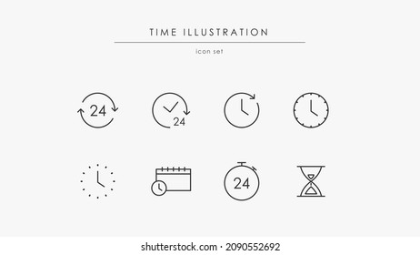 Juego de iconos de tiempo. Símbolos de reloj relacionados para el diseño y el negocio. Elementos de diseño con contorno fino aislado en fondo blanco. Plantillas de logotipo de reloj. Abierto las 24 horas. Buen símbolo vecto