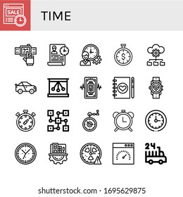 Set Of Time Icons. Such As Time, Smartwatch, Time Management, Is Money, Management, Racing Car, Newtons Cradle, Wedding Planner, Chronometer, Distributed, Pocket Watch , Icons