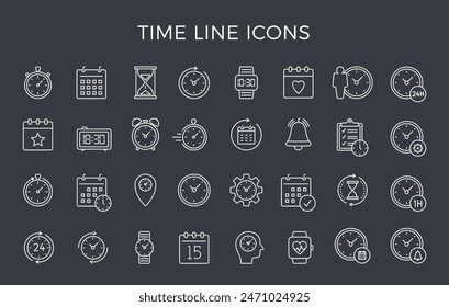 Conjunto de iconos de línea de tiempo, fondo oscuro, Vector eps10 ilustración