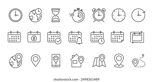 Set of time, location and date icons set. Address icon. Vector.