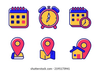 Set of time and location icons with a colorful design on isolated background