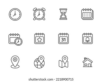 Set of time and location icons with linear style isolated on white background