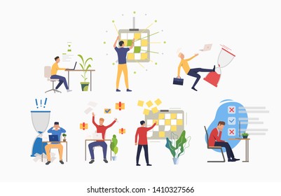Set of time management activities. Man working at laptop, sticking notes, following schedule. Business concept. Vector illustration can be used for topics like work on project and deadline