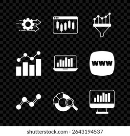 Gestión de tiempo, Navegador con mercado de valores, gráfico de embudo de ventas, infografía gráfica, análisis de datos de Búsqueda, Monitor, crecimiento financiero e ícono de portátil. Vector