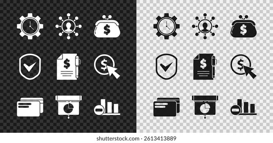 Set Time Management, Business network and communication, Wallet with dollar, Credit card, Graph, chart, diagram, infographic, Pie, Shield check mark and Contract money pen icon. Vector